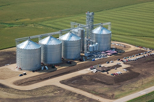 Commercial grain bins in the Midwest