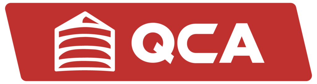 QCA logo with white letters and red background
